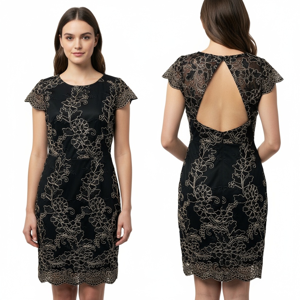 She & Sky Dress Small Black Floral Lurex‎ Open Back Cap Sleeve LBD Party NEW